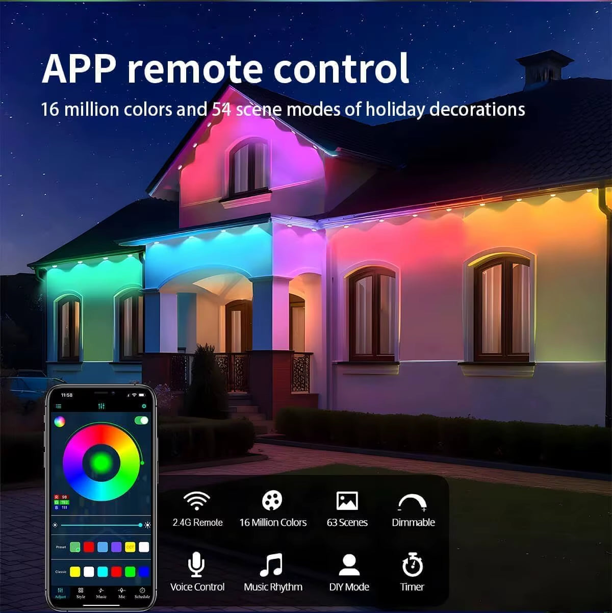 RGB Eaves Lights Smart Bluetooth APP Permanent Outdoor Lights IP67 Waterproof Christmas LED Strings for Christmas Party Decor