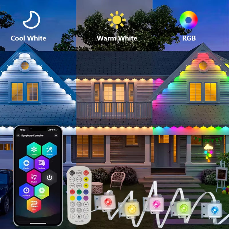 RGB Eaves Lights Smart Bluetooth APP Permanent Outdoor Lights IP67 Waterproof Christmas LED Strings for Christmas Party Decor