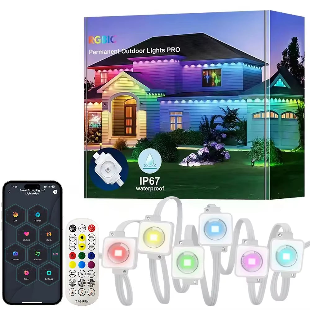 RGB Eaves Lights Smart Bluetooth APP Permanent Outdoor Lights IP67 Waterproof Christmas LED Strings for Christmas Party Decor