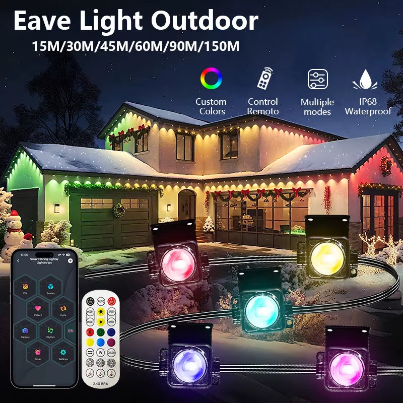 RGB Eaves Lights Smart Bluetooth APP Permanent Outdoor Lights IP67 Waterproof Christmas LED Strings for Christmas Party Decor